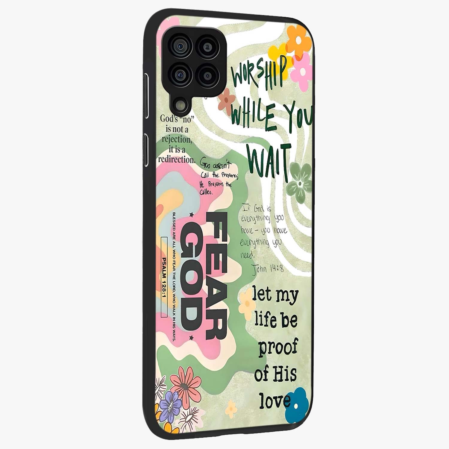 Faith Over Fear Glass Case upright view showcasing bold typography artwork with uplifting motivational theme.