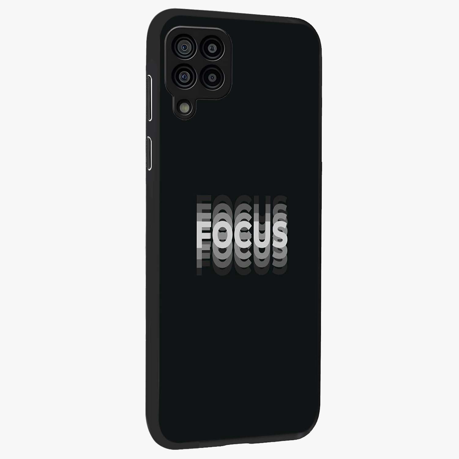 Focus Mode On Glass Case upright view showcasing strong typography statement with sleek motivational theme.