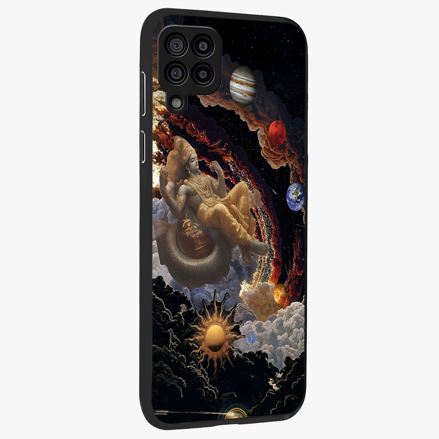 Galactic Divine God Glass Case upright view showcasing mystical divine artwork with dramatic cosmic theme.