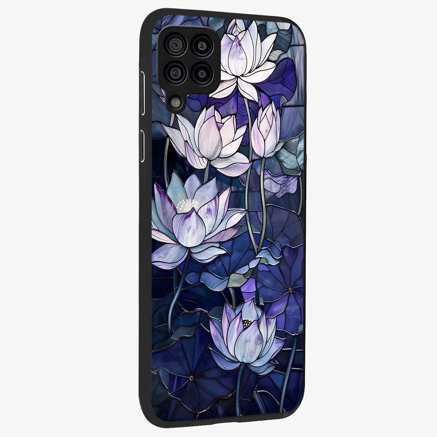 Gloss Petal Rush Glass Case upright view showcasing dynamic floral petal artwork with modern botanical theme.