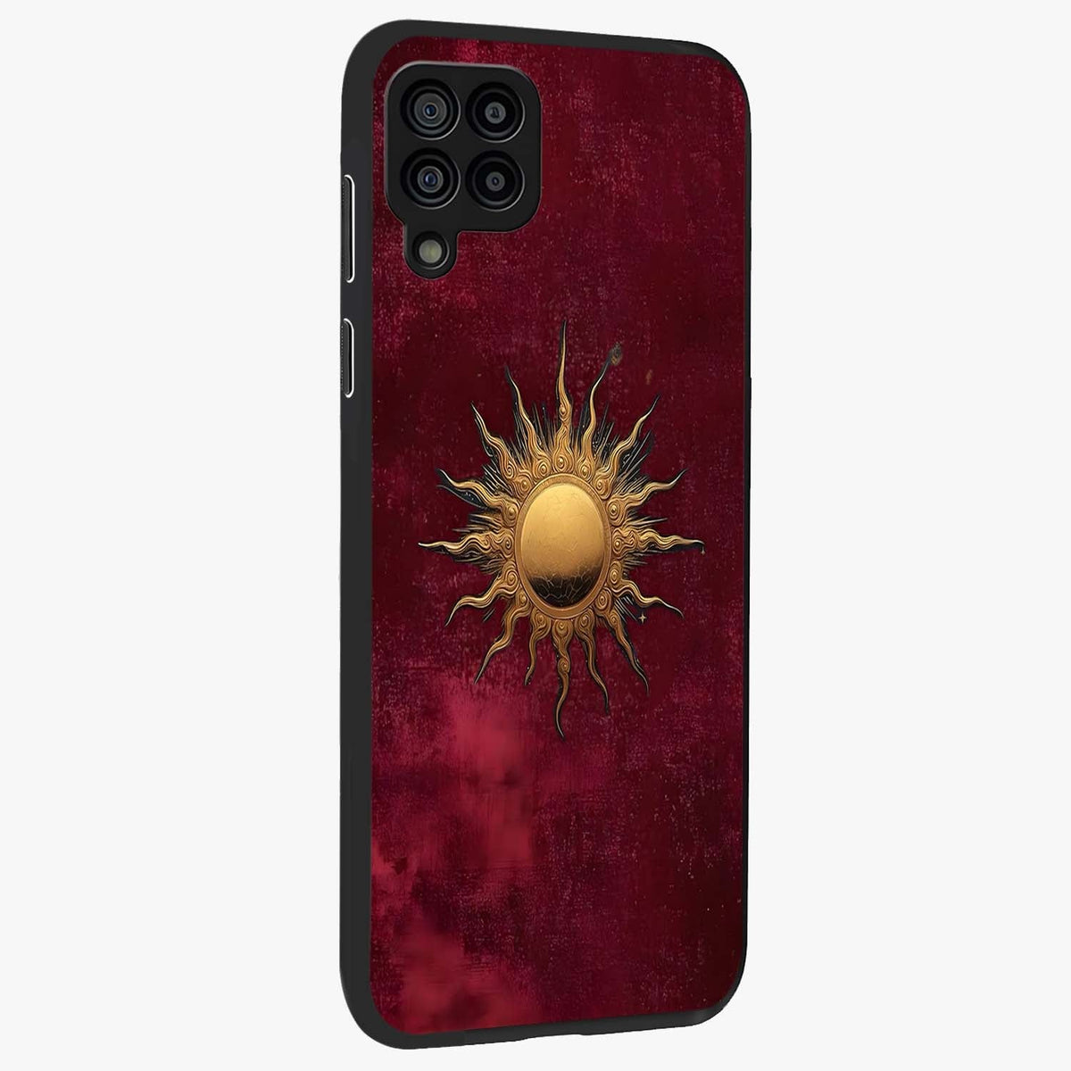 Golden Sun Minimalism Glass Case upright view showcasing simple golden sun artwork with elegant minimalist style.