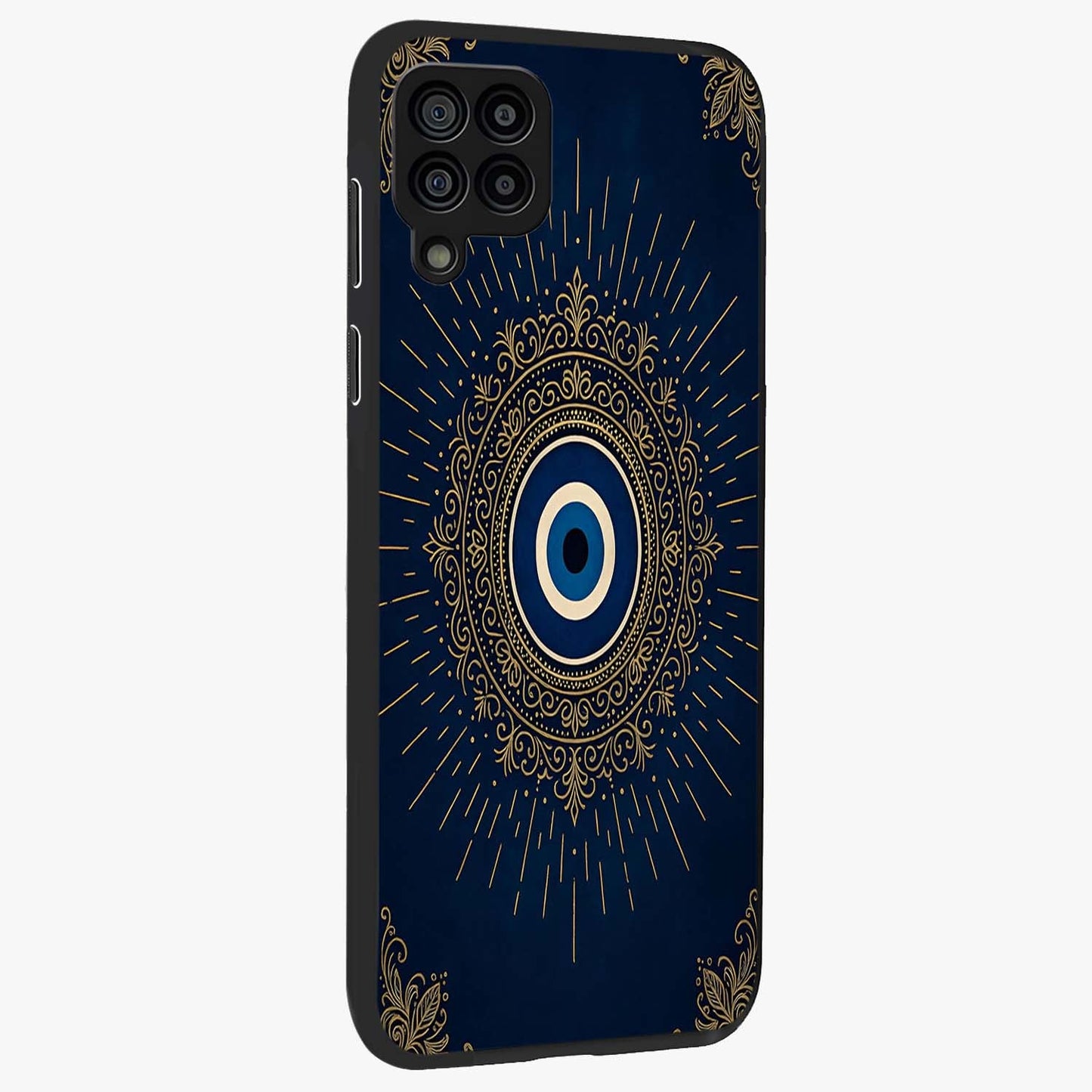 Golden Celestial Charm Glass Case upright view showcasing radiant celestial artwork with elegant golden theme.