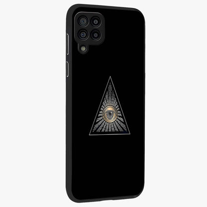Illuminati Evil Glass Case upright view showcasing striking illuminati artwork with mysterious symbolic theme.
