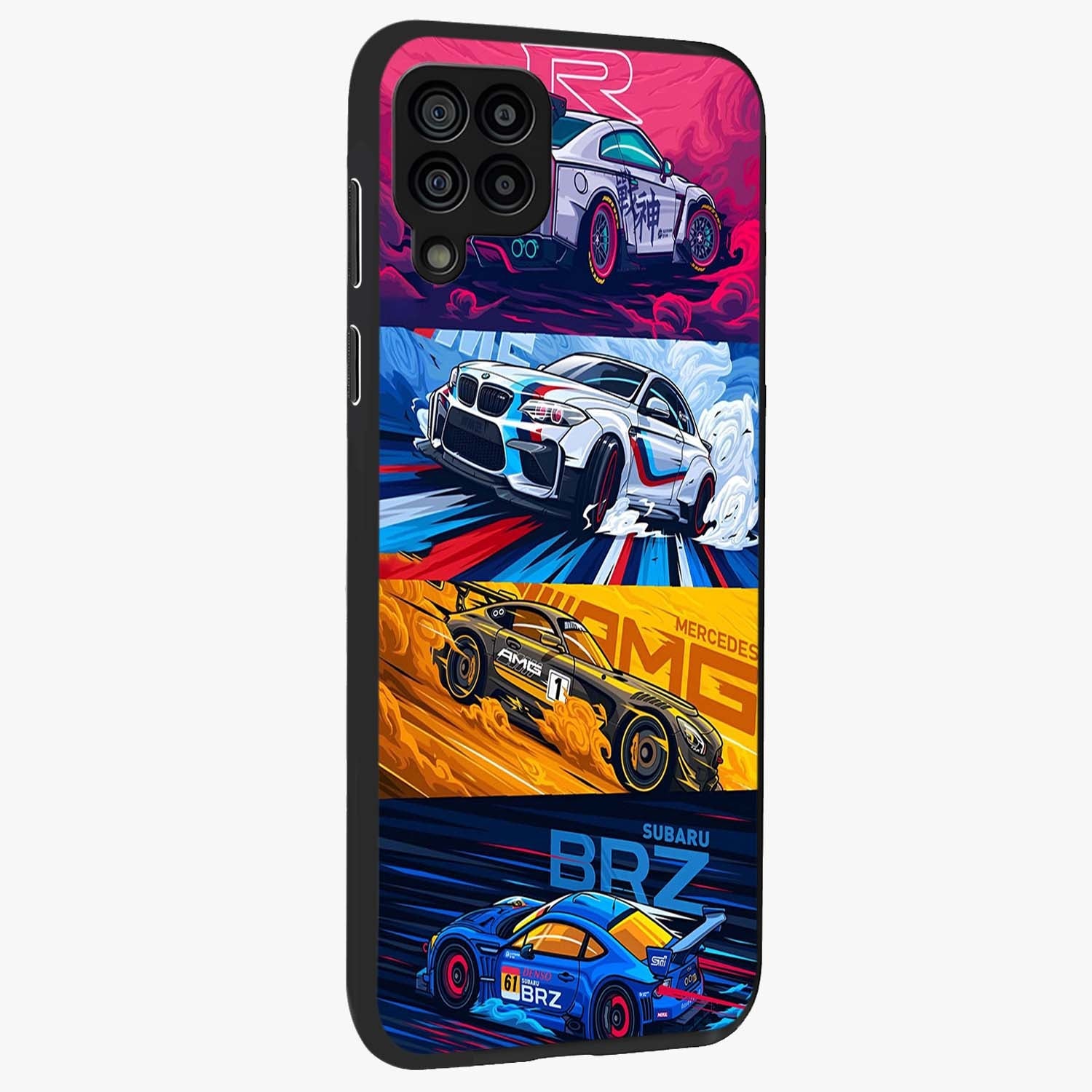 JDM Sports Car Glass Case upright view showcasing dynamic sports car artwork with bold racing theme.