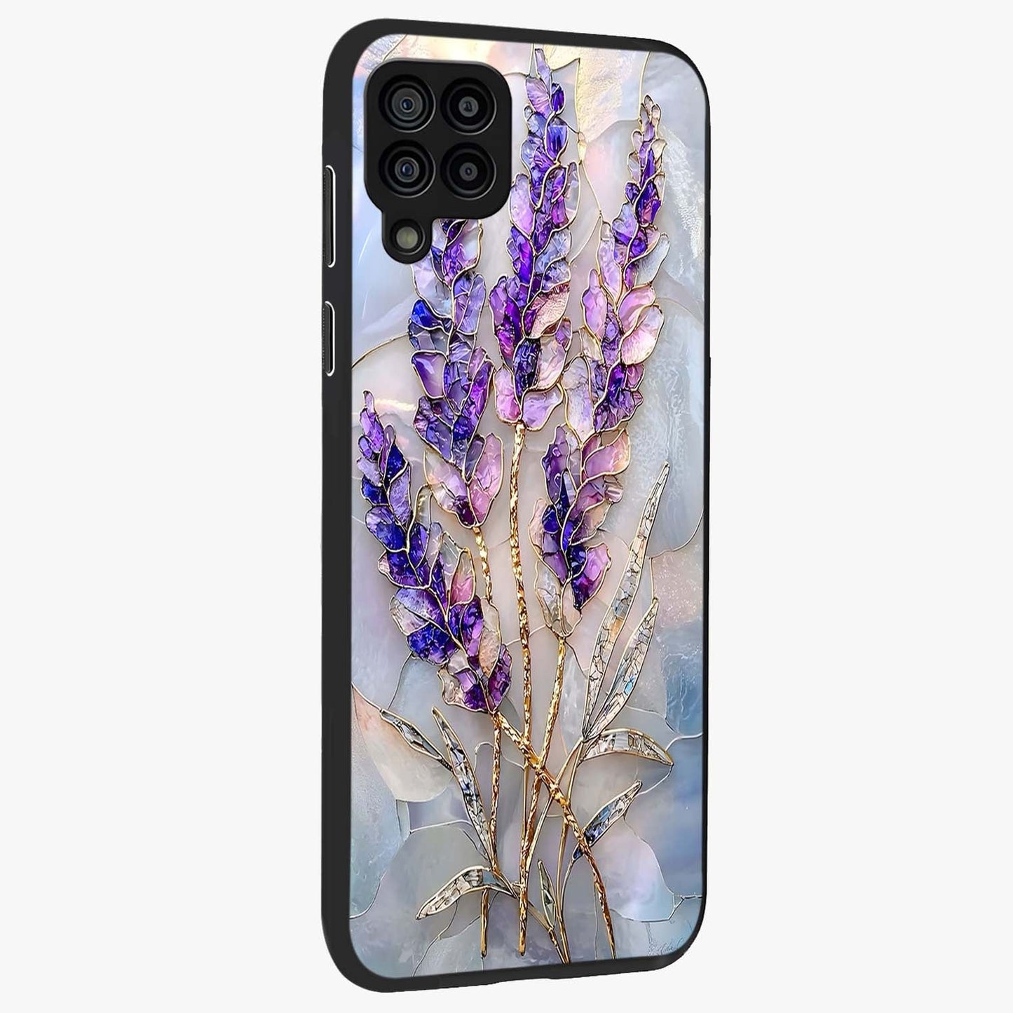 Lavender Dream Glow Glass Case upright view showcasing radiant lavender glow artwork with calming dreamy theme.