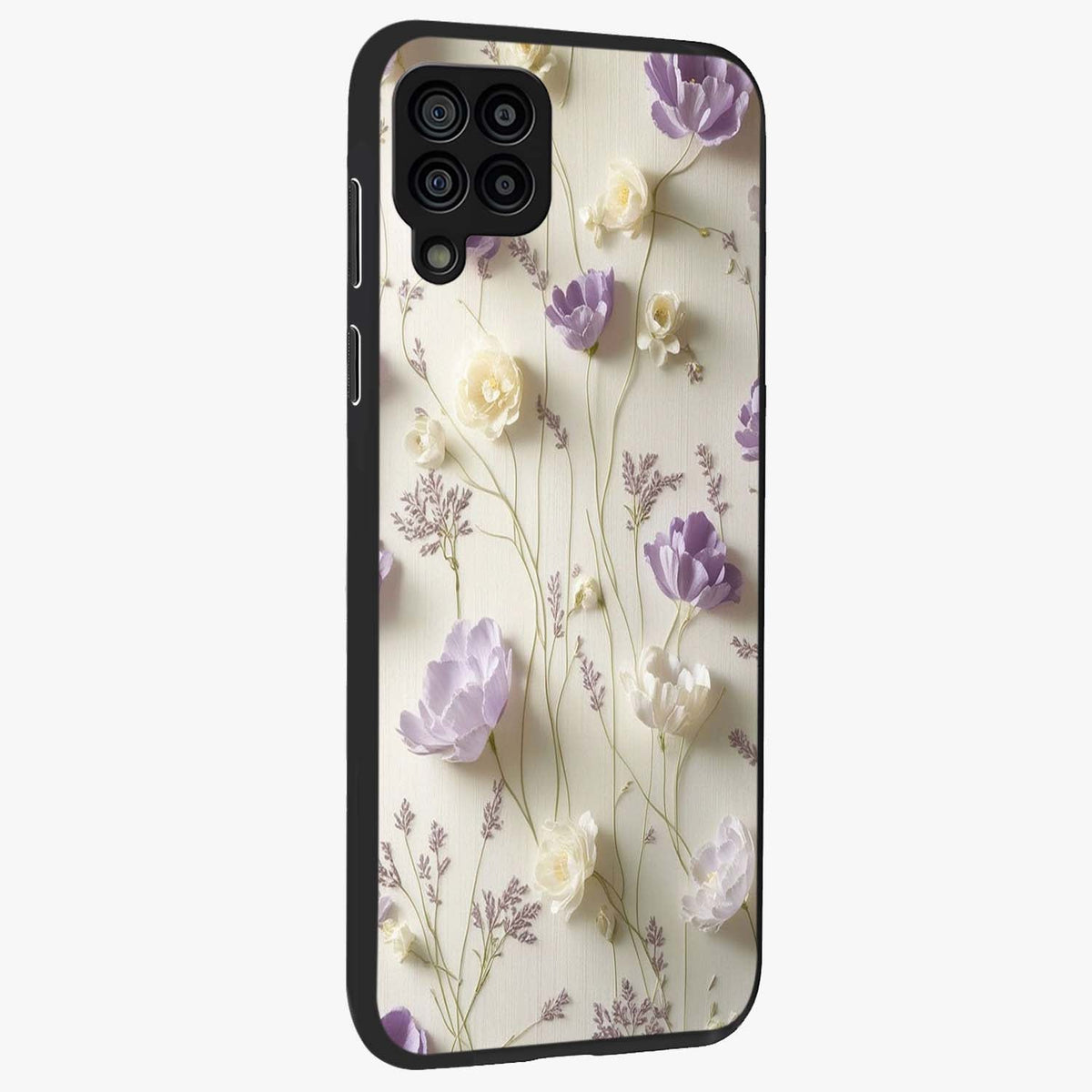 Lilac Breeze Harmony Glass Case upright view showcasing delicate lilac artwork with peaceful floral theme.