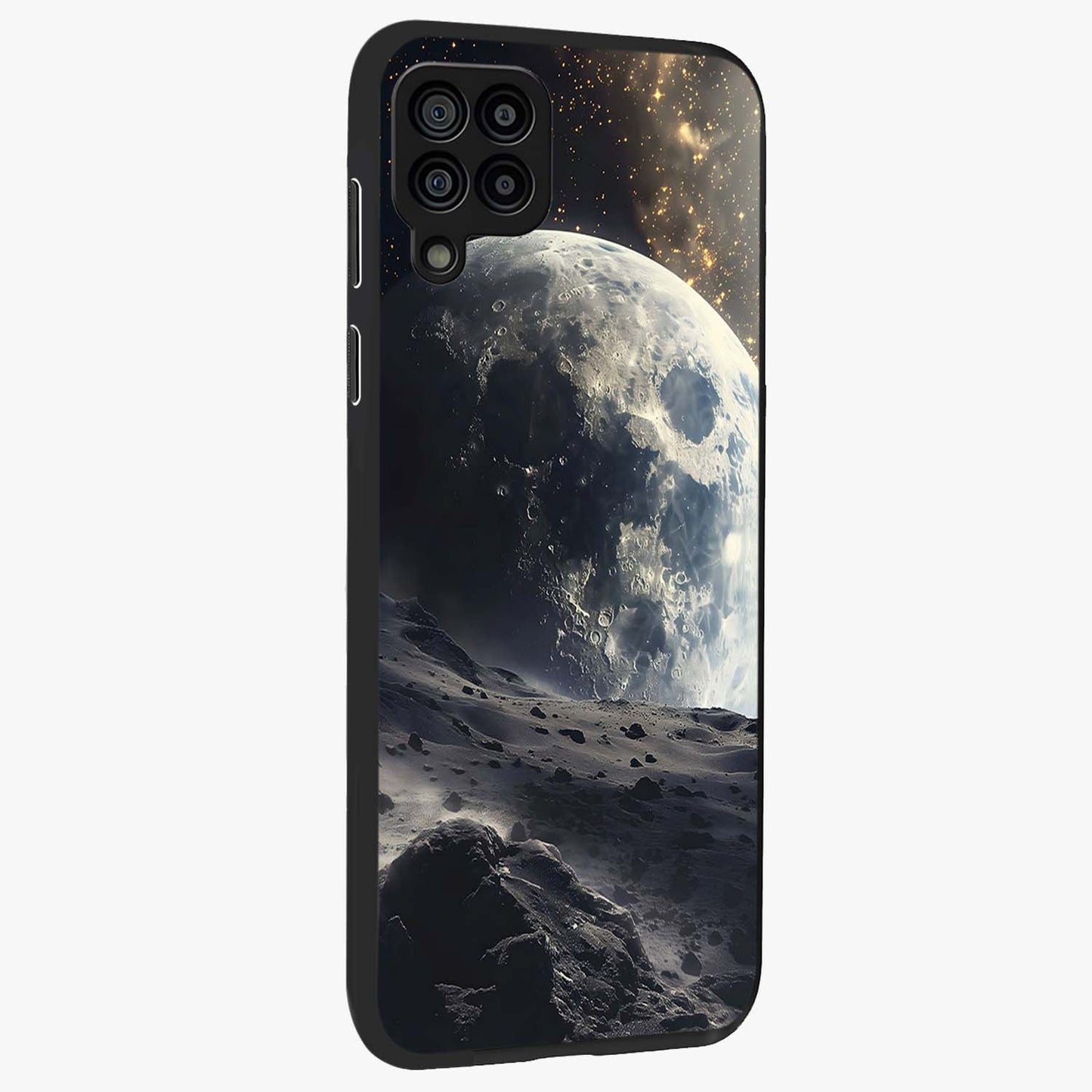 Lunar Horizon Glow Glass Case upright view showcasing radiant lunar artwork with calm cosmic theme.