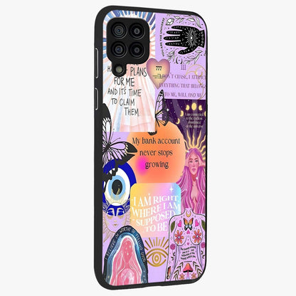 Manifestation Collage Glass Case upright view showcasing artistic manifestation themed artwork with creative style.