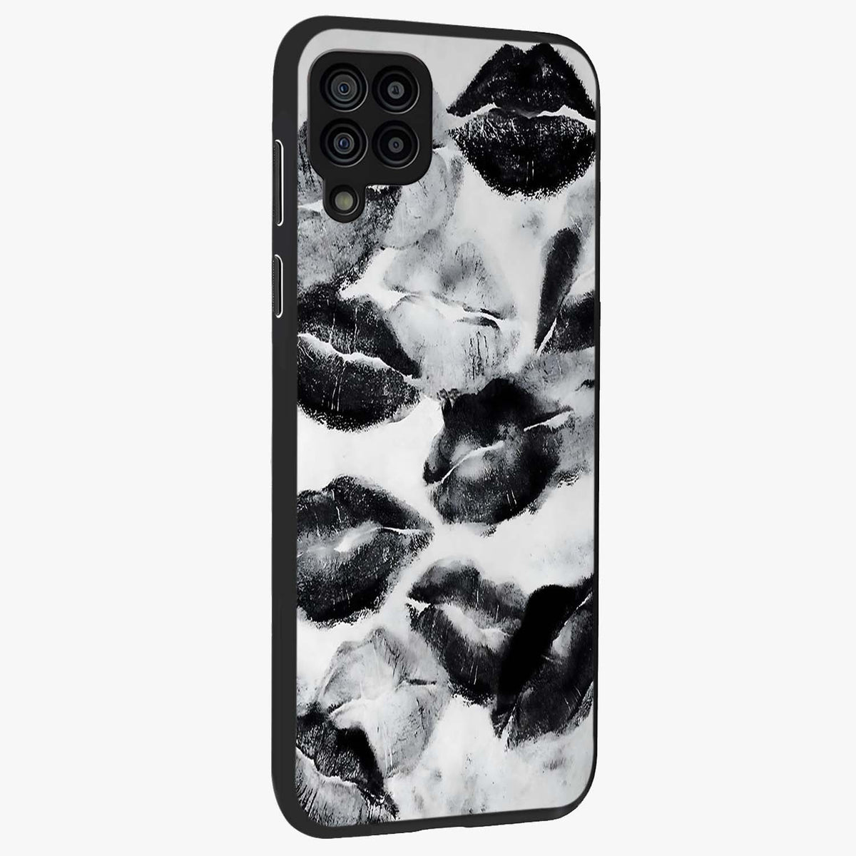 Midnight Kiss Marks Glass Case upright view showcasing stylish kiss mark artwork with trendy romantic theme.