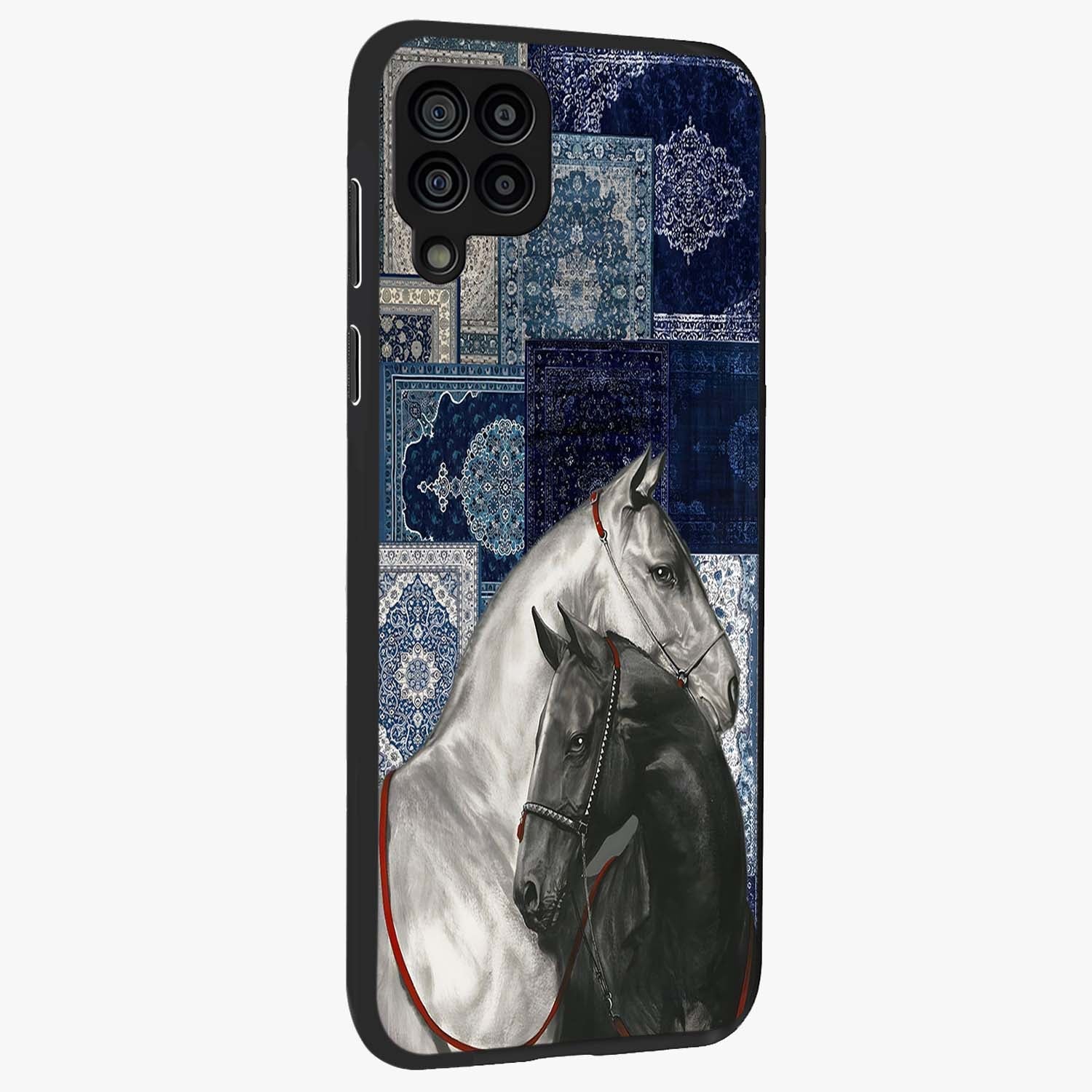 Midnight Stallion Blues Glass Case upright view showcasing dramatic horse artwork with bold artistic theme.