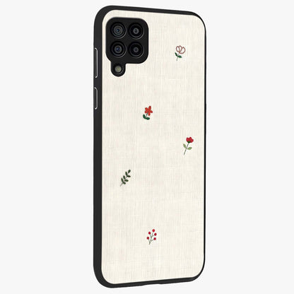 Minimalistic Blue With White Flower Pattern Glass Case upright view showcasing clean white flower artwork with calming blue theme.