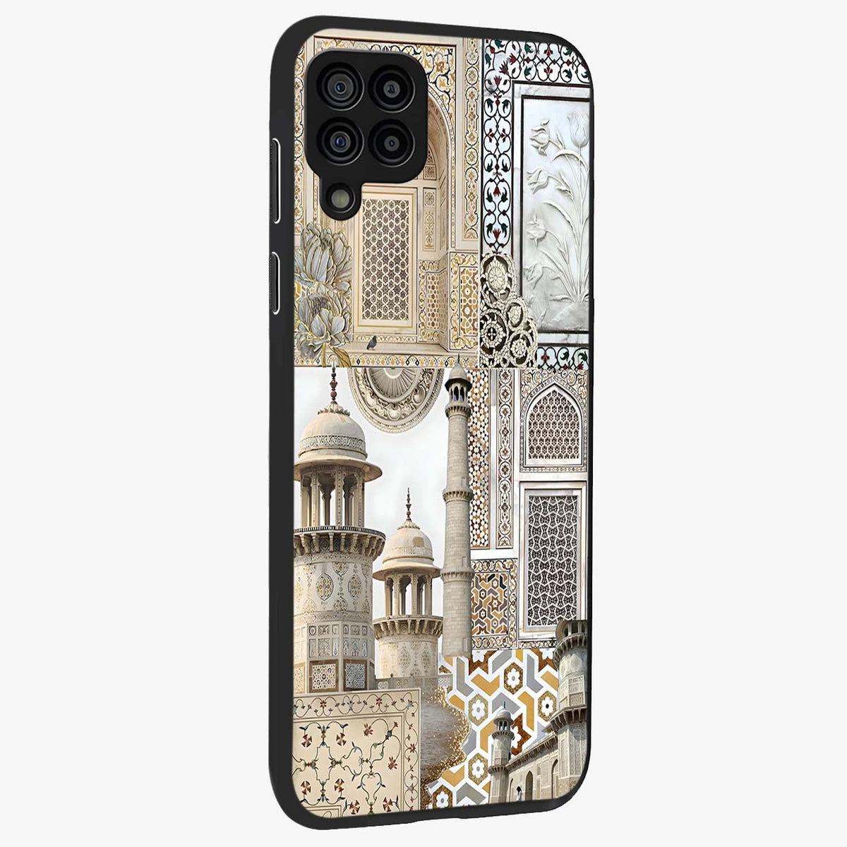 Mughal Marble Legacy Glass Case upright view showcasing ornate Mughal design with luxurious traditional theme.