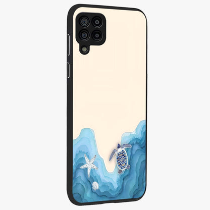 Ocean Drift Turtle Glass Case upright view showcasing calm underwater turtle artwork with nature inspired theme.