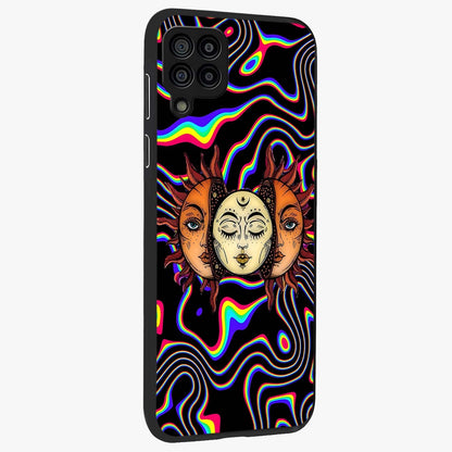 Psychedelic Sun Glass Case upright view showcasing trippy sun artwork with bold psychedelic theme.