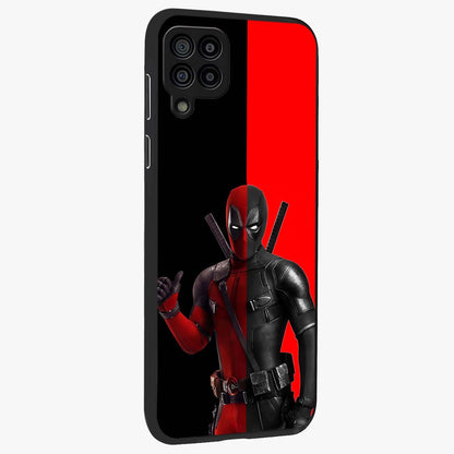 Red & Black Deadpool Theme Glass Case upright view showcasing energetic comic themed artwork with striking red and black design.