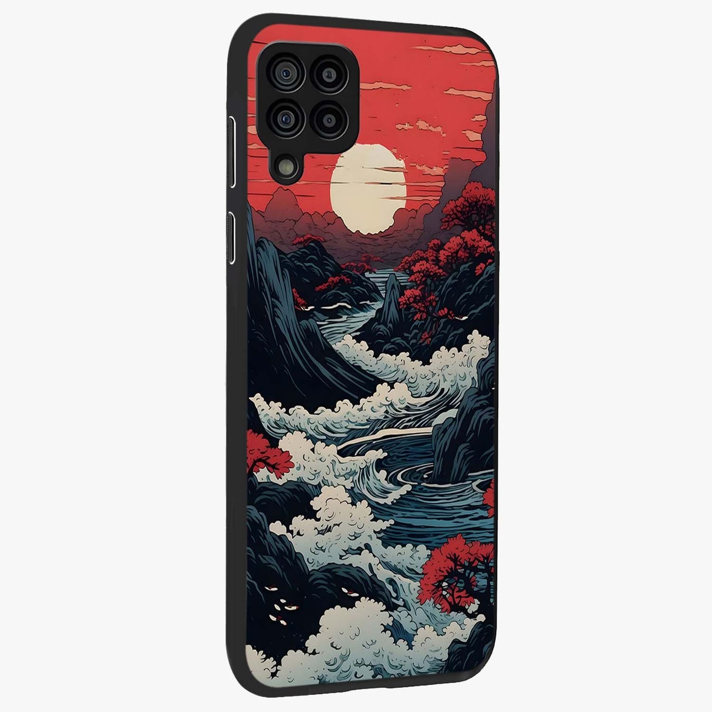 Red Sunset Scenery Glass Case upright view showcasing dramatic sunset scenery artwork with warm nature theme.