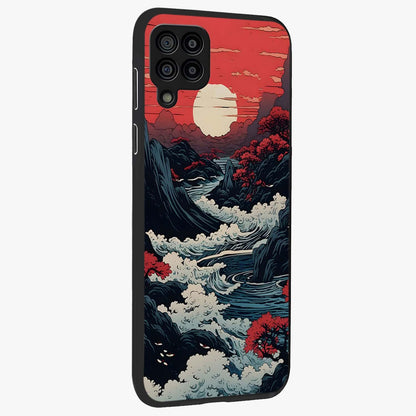 Red Sunset Scenery Glass Case upright view showcasing dramatic sunset scenery artwork with warm nature theme.