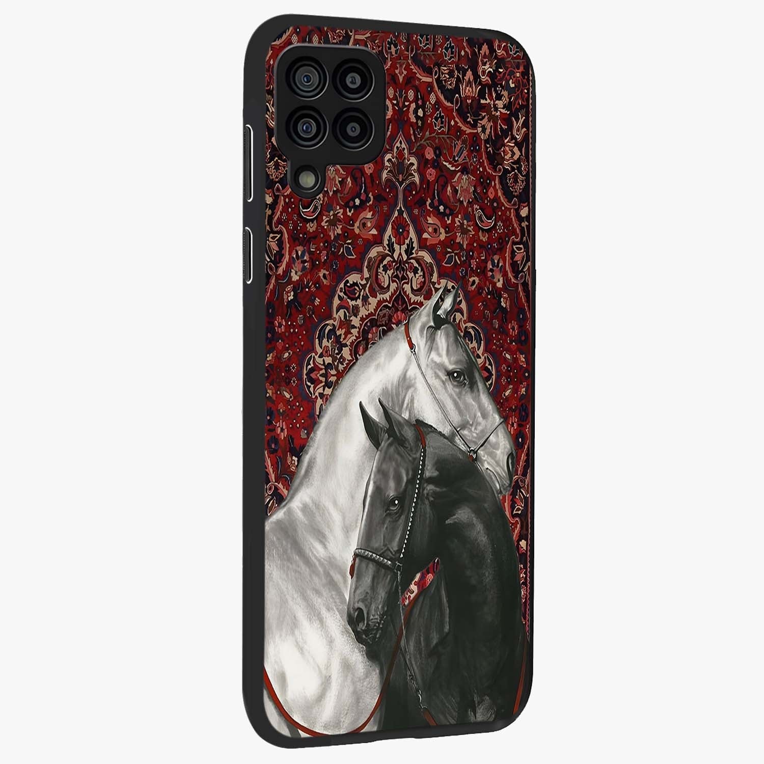Regal Stallion Tapestry Glass Case upright view showcasing powerful horse artwork with elegant tapestry theme.