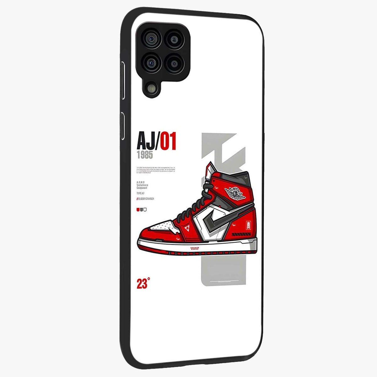 Retro Sneaker Blueprint Glass Case upright view showcasing stylish sneaker illustration with vintage streetwear theme.