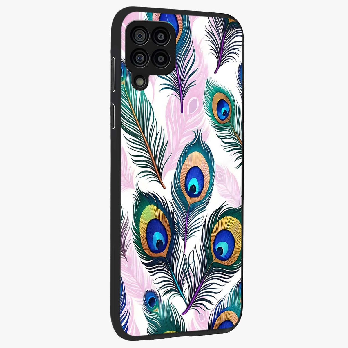 Royal Peacock Feathers Glass Case upright view showcasing elegant peacock feather artwork with decorative royal theme.