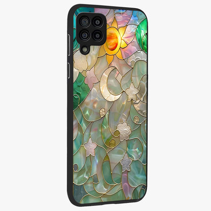 Stained Sunrise Glow Glass Case upright view showcasing colorful sunrise artwork with warm morning theme.