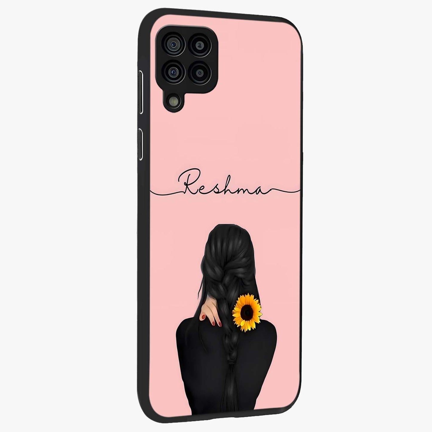 Sunflower Braid Beauty With Custom Name Glass Case upright view showcasing bright sunflower artwork with personalized floral aesthetic.
