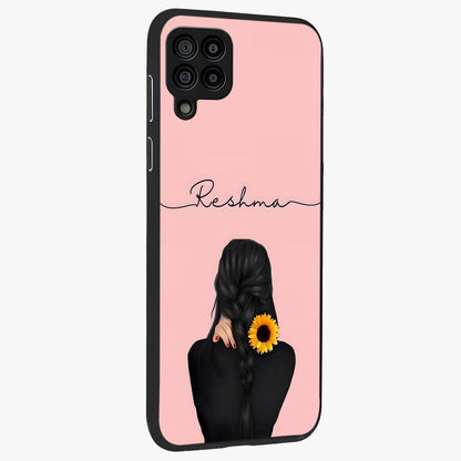 Sunflower Braid Beauty With Custom Name Glass Case upright view showcasing bright sunflower artwork with personalized floral aesthetic.