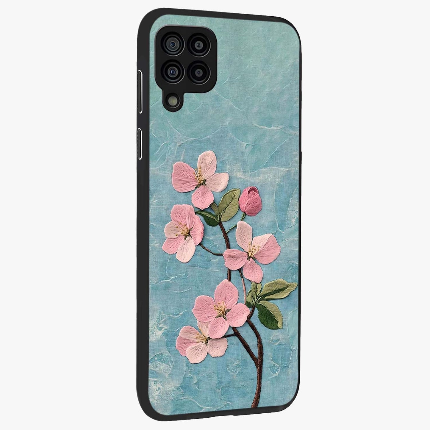 Threaded Blossom Breeze Glass Case upright view showcasing graceful flower artwork with calm botanical theme.