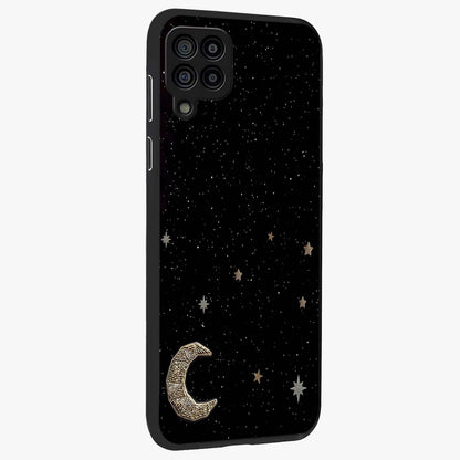 Twinkle Star With Half Moon Glass Case upright view showcasing glowing cosmic artwork with dreamy night theme.