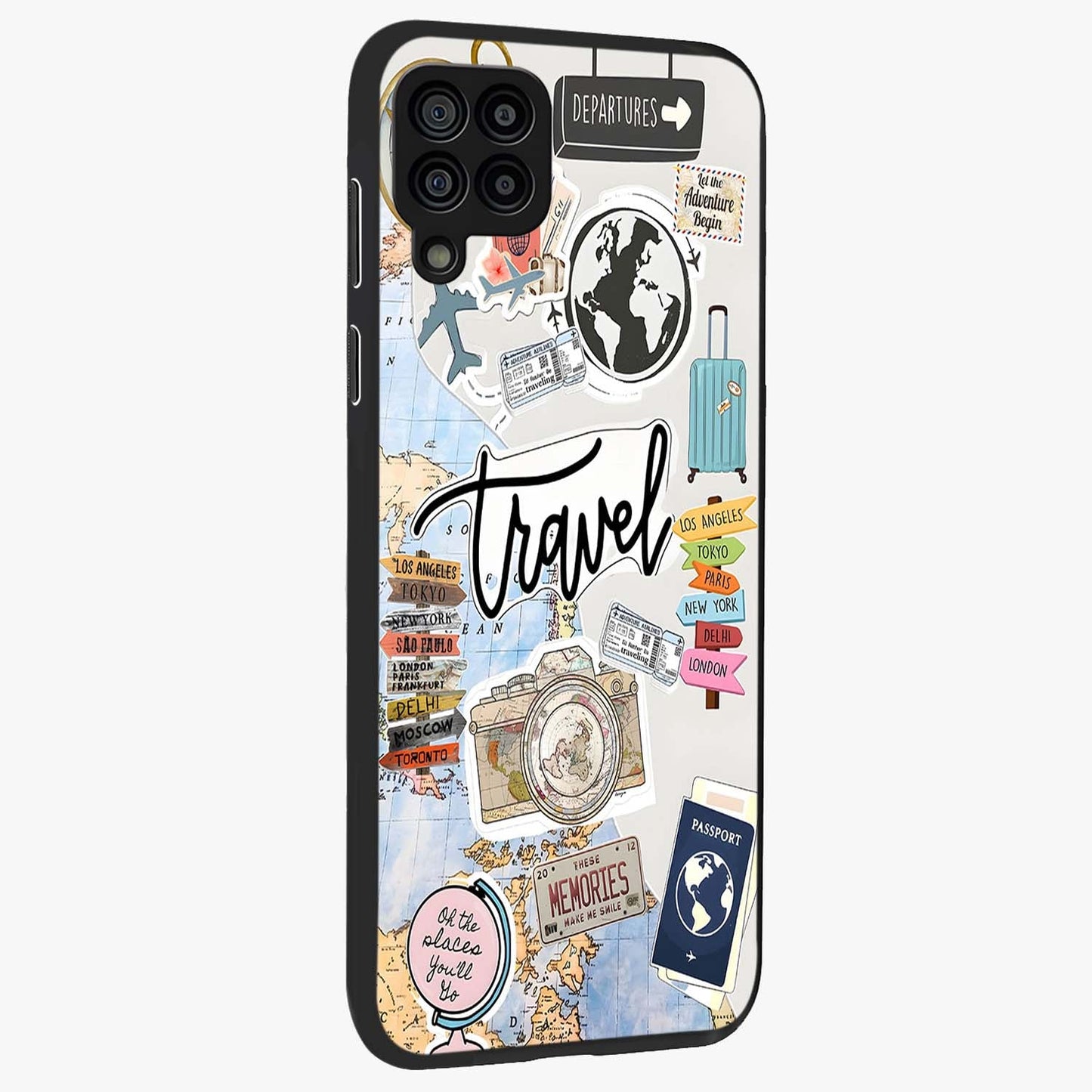 Wanderlust Journal Glass Case upright view showcasing wanderlust inspired artwork with creative exploration theme.