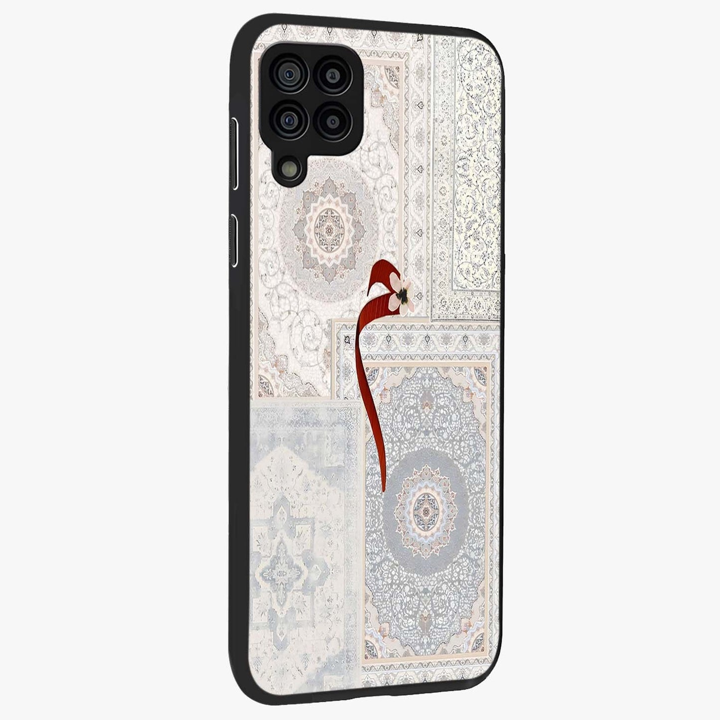 White Aesthetic Bow Glass Case upright view showcasing delicate ribbon bow artwork with cute minimalist theme.