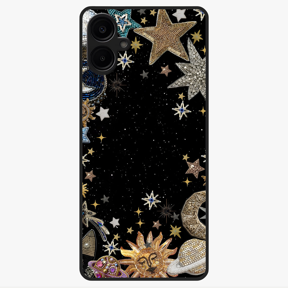 Galactic Jewel Stars Glass Case showing flat back view with sparkling star jewel artwork and glossy glass finish.