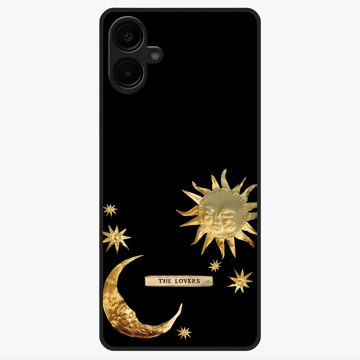 Golden Celestial Charm Glass Case showing flat back view with golden celestial charm artwork and glossy glass finish.