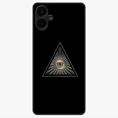 Illuminati Evil Glass Case showing flat back view with mysterious illuminati symbol artwork and glossy glass finish.