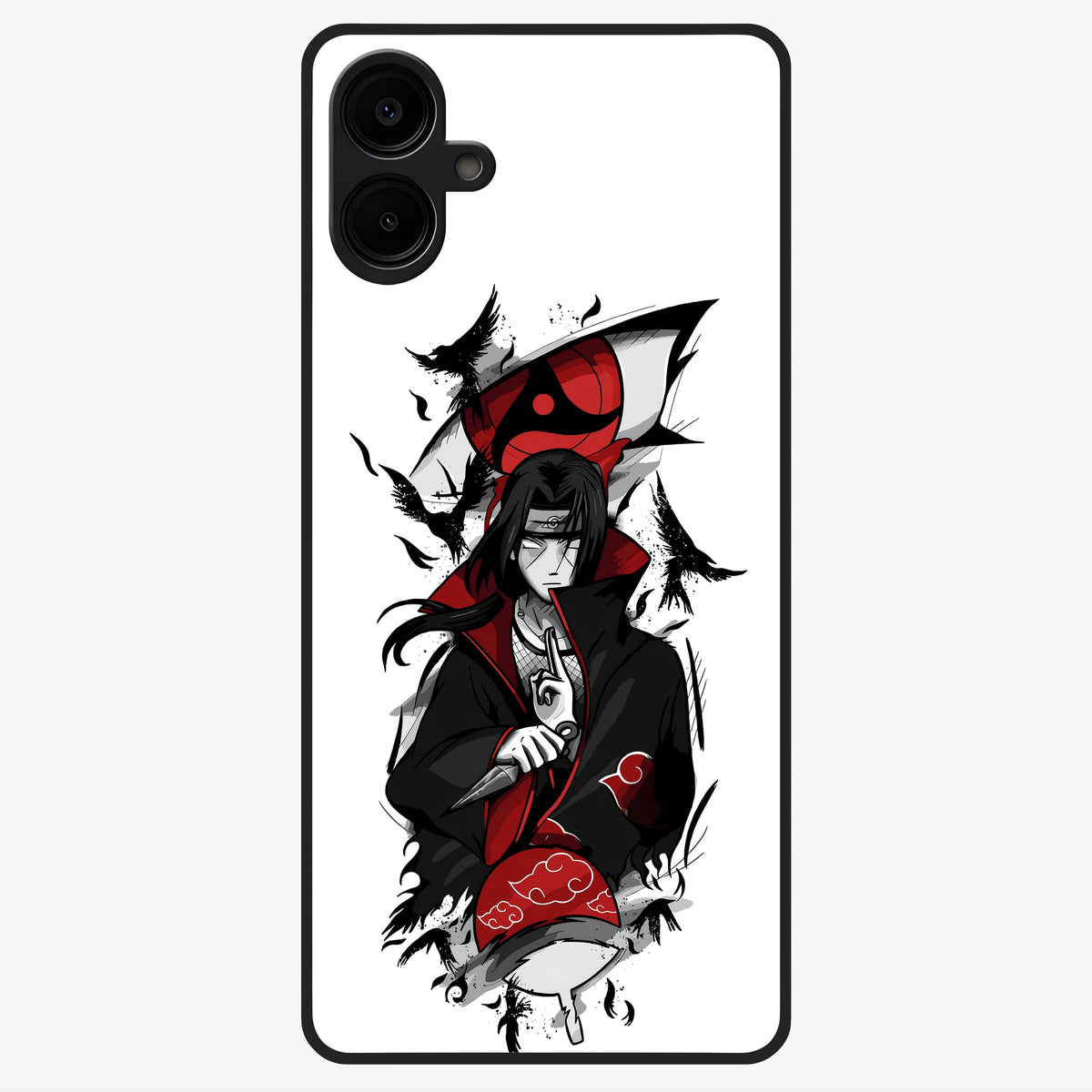 Itachi Sharingan Glass Case showing flat back view with powerful anime eye artwork and glossy glass finish.