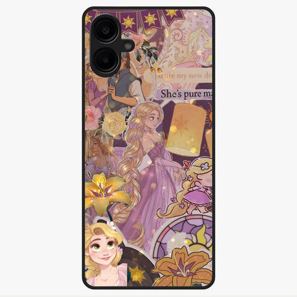 Magical Tangled Dream Glass Case showing flat back view with dreamy tangled artwork and glossy glass finish.