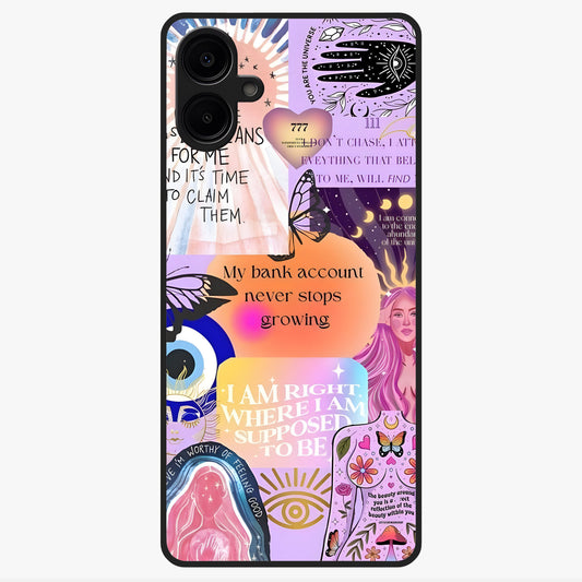 Manifestation Collage Glass Case showing flat back view with motivational collage artwork and glossy glass finish.