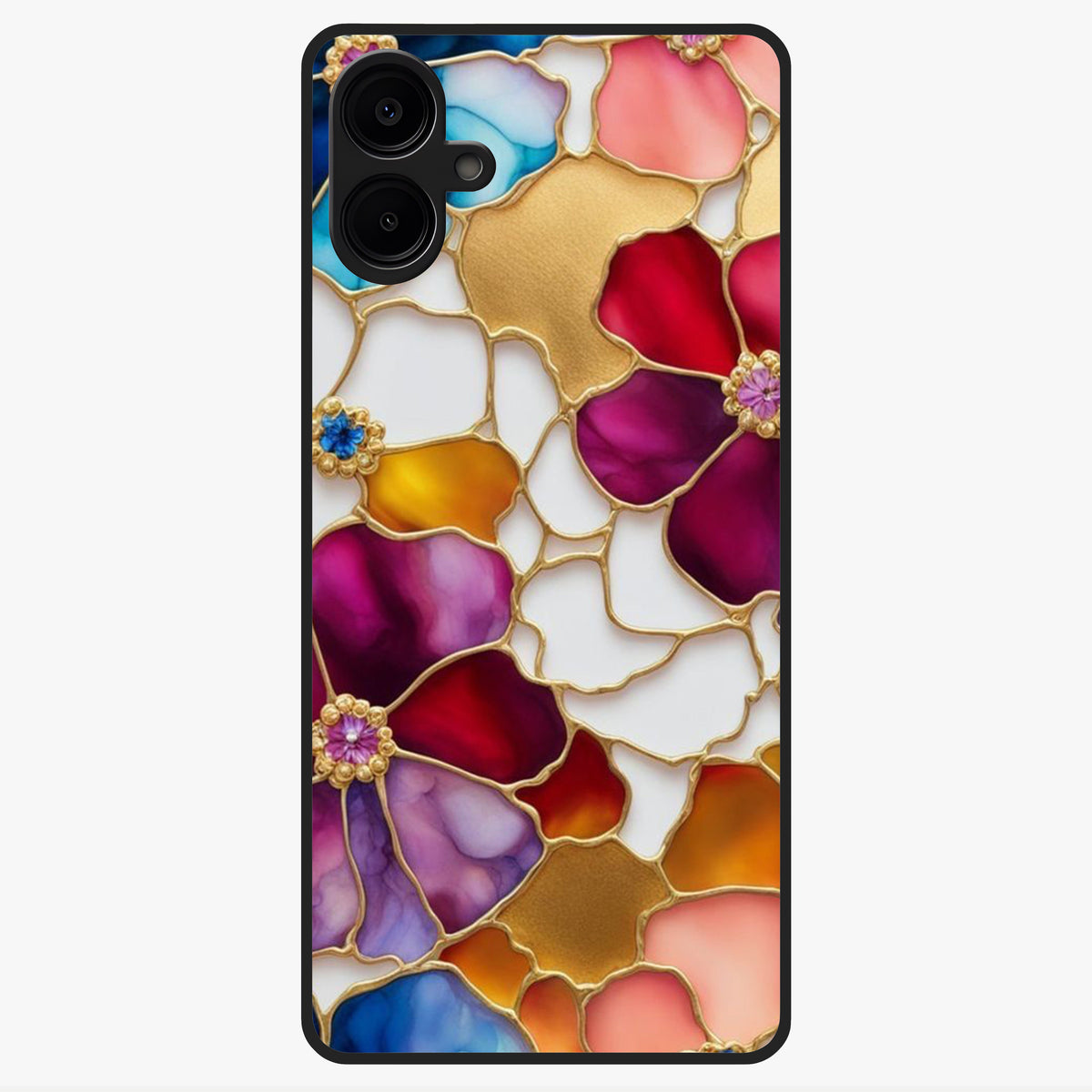 Marble Flower Pattern Glass Case showing flat back view with marble texture floral artwork and glossy glass finish.
