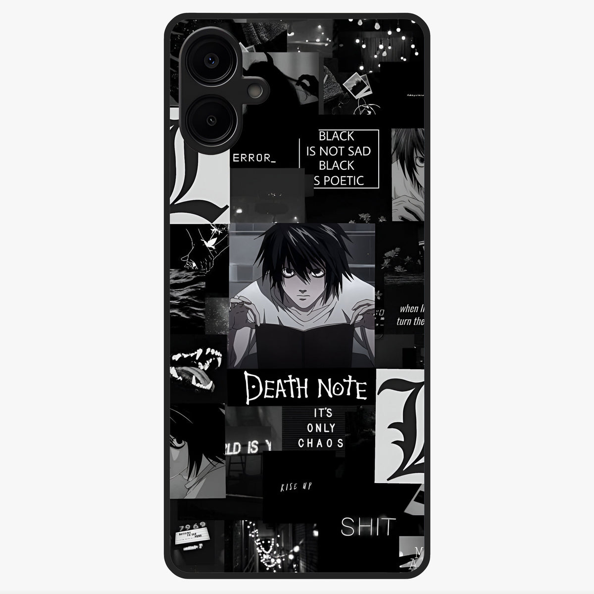 Midnight Chaos Mind Glass Case showing flat back view with abstract dark themed artwork and glossy glass finish.