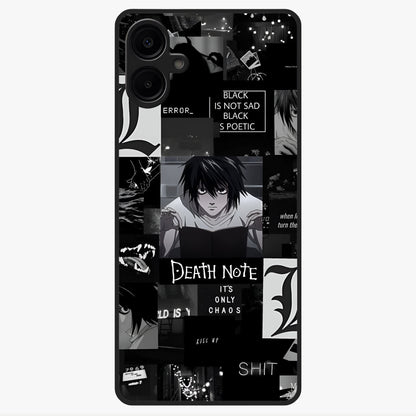 Midnight Chaos Mind Glass Case showing flat back view with abstract dark themed artwork and glossy glass finish.