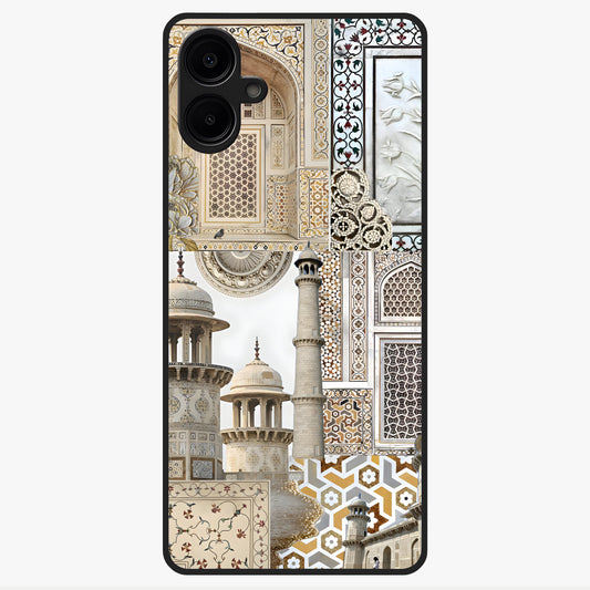 Mughal Marble Legacy Glass Case showing flat back view with intricate Mughal inspired marble pattern and glossy glass finish.