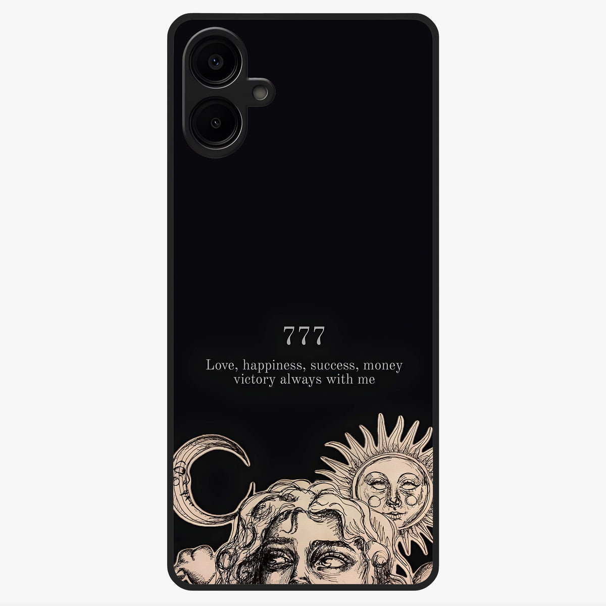 Mystic Victory Aura Glass Case showing flat back view with victory symbol artwork and glossy glass finish.