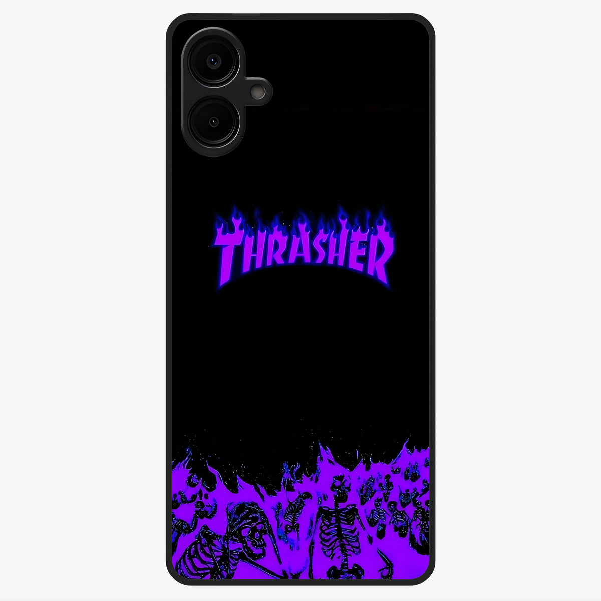 Neon Flame Riot Glass Case showing flat back view with neon flame artwork and glossy glass finish.