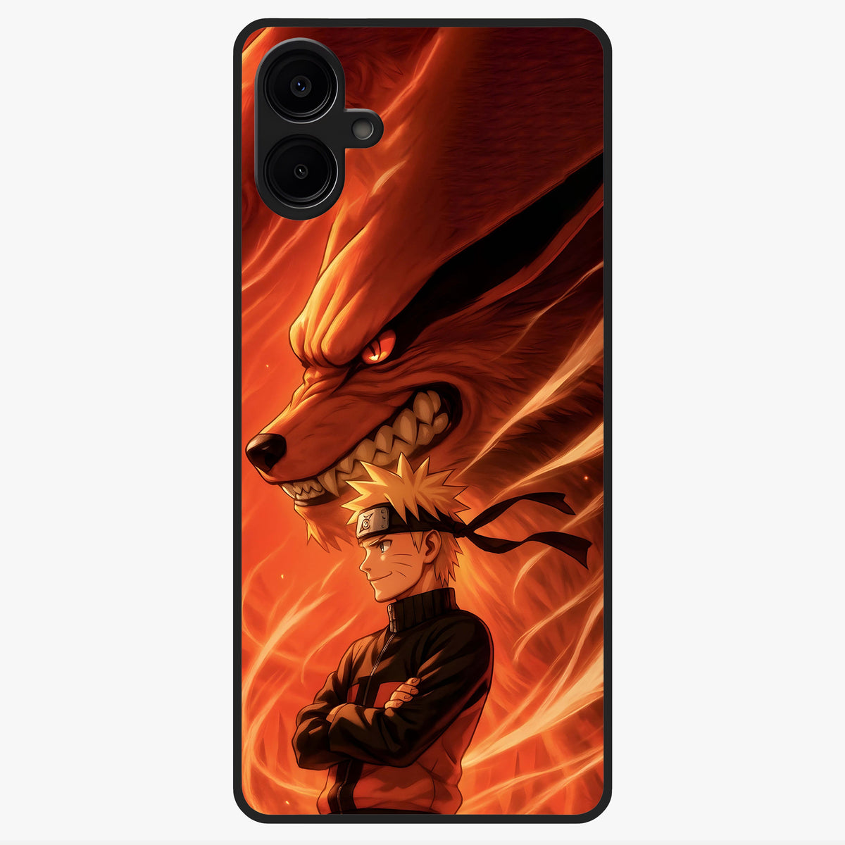 Nine Tails Legacy Glass Case showing flat back view with powerful nine-tailed fox inspired artwork and glossy glass finish.