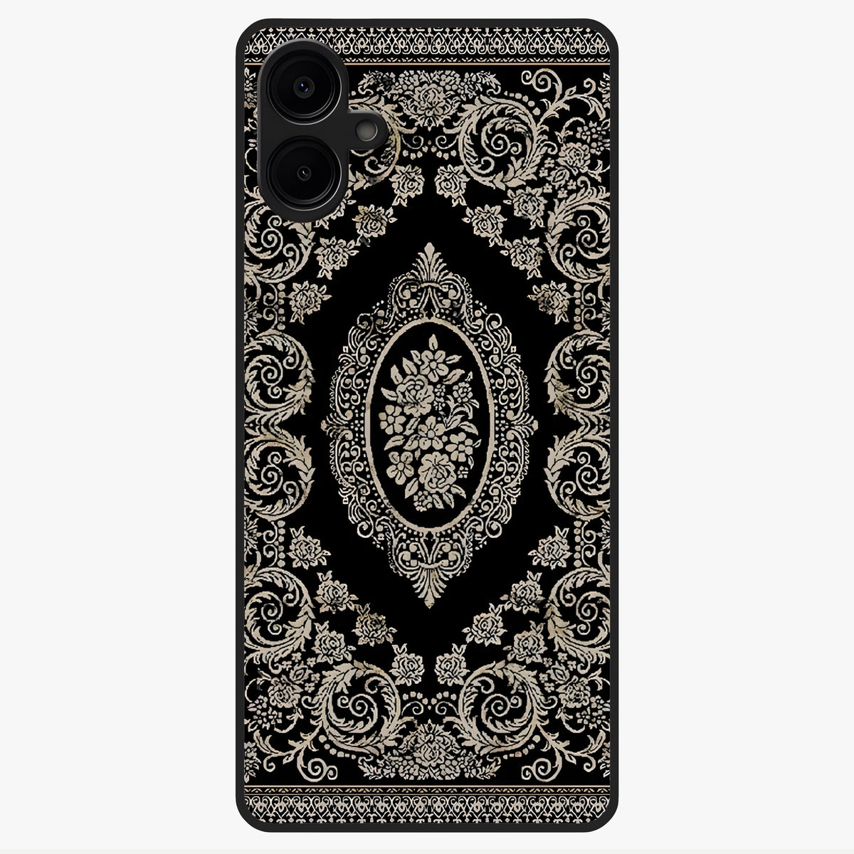 Noir Bloom Elegance Glass Case showing flat back view with elegant dark floral artwork and glossy glass finish.