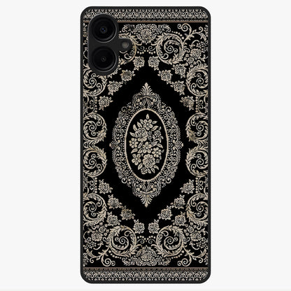 Noir Bloom Elegance Glass Case showing flat back view with elegant dark floral artwork and glossy glass finish.