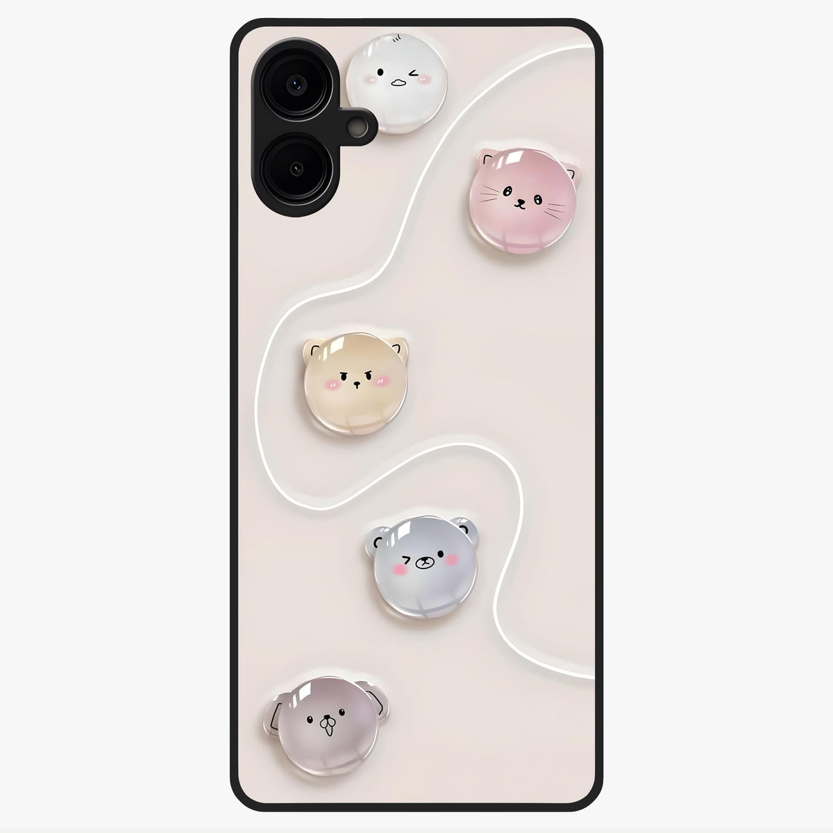 Puffy Face Parade Glass Case showing flat back view with cute puffy character faces artwork and glossy glass finish.