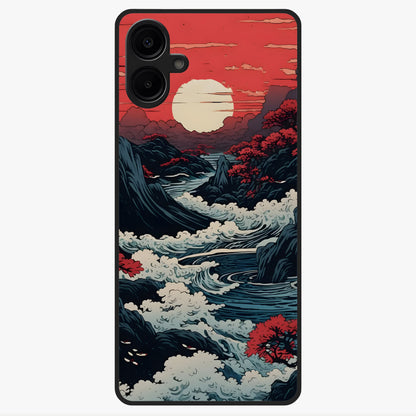 Red Sunset Scenery Glass Case showing flat back view with vibrant sunset landscape artwork and glossy glass finish.