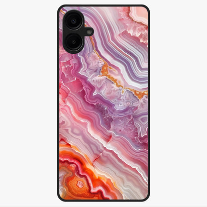 Rose Quartz Marble Glass Case showing flat back view with pink marble quartz texture artwork and glossy glass finish.