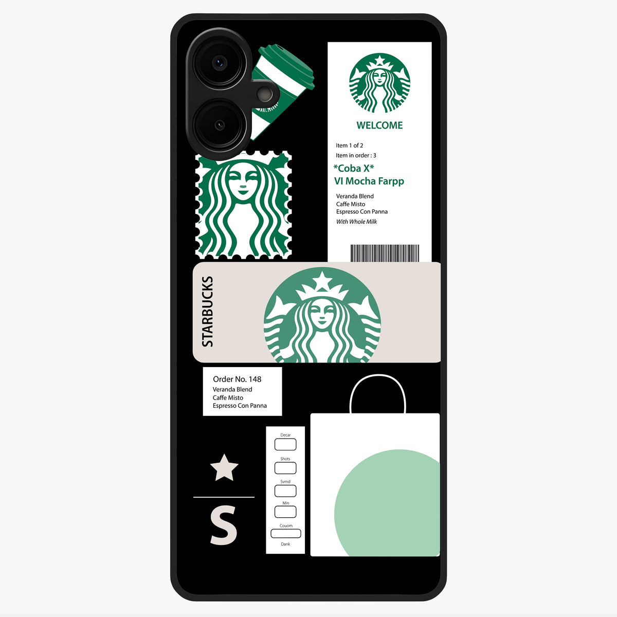 Starbucks Mocha Glass Case showing flat back view with coffee inspired artwork and glossy glass finish.